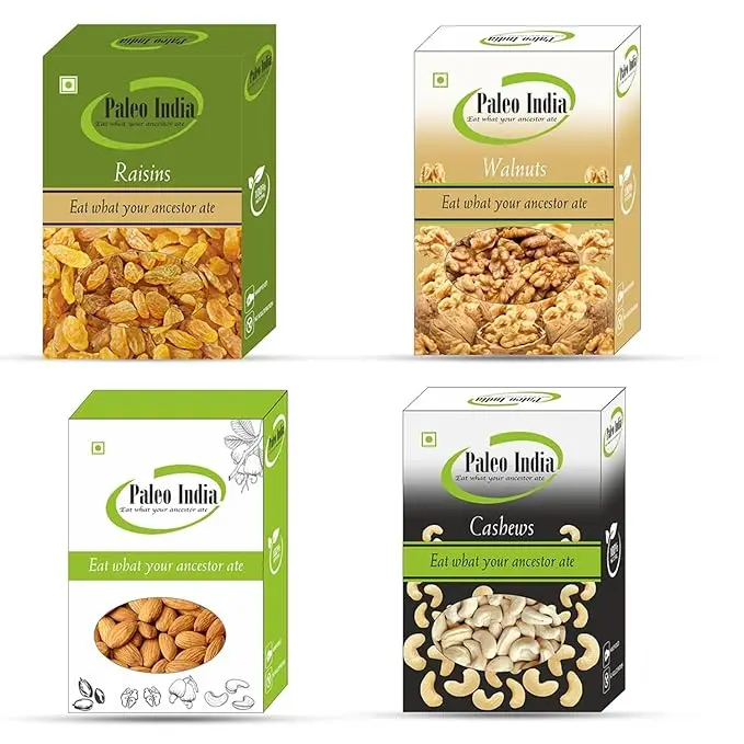 Paleo India 800gm Cashews Walnuts Almonds Raisins Dry Fruits Combo Pack 