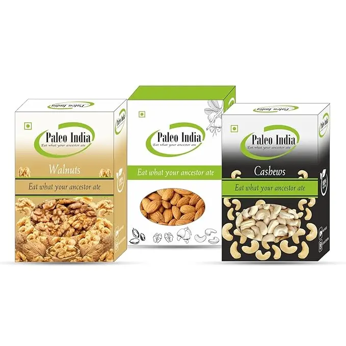 Paleo India 600gm Cashews Almonds Walnuts Dry Fruits Combo Pack 
