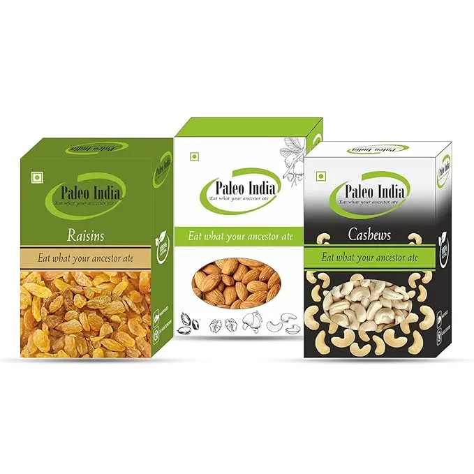 Paleo India 600gm Cashews Almonds Raisins Dry Fruits Combo Pack