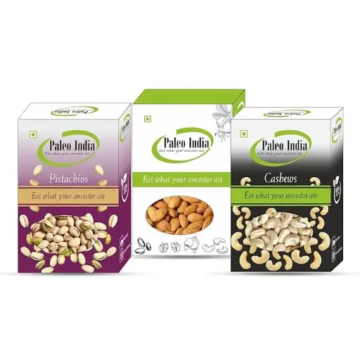 Paleo India 600gm Cashews Almonds Pistachios Dry Fruits Combo Pack 